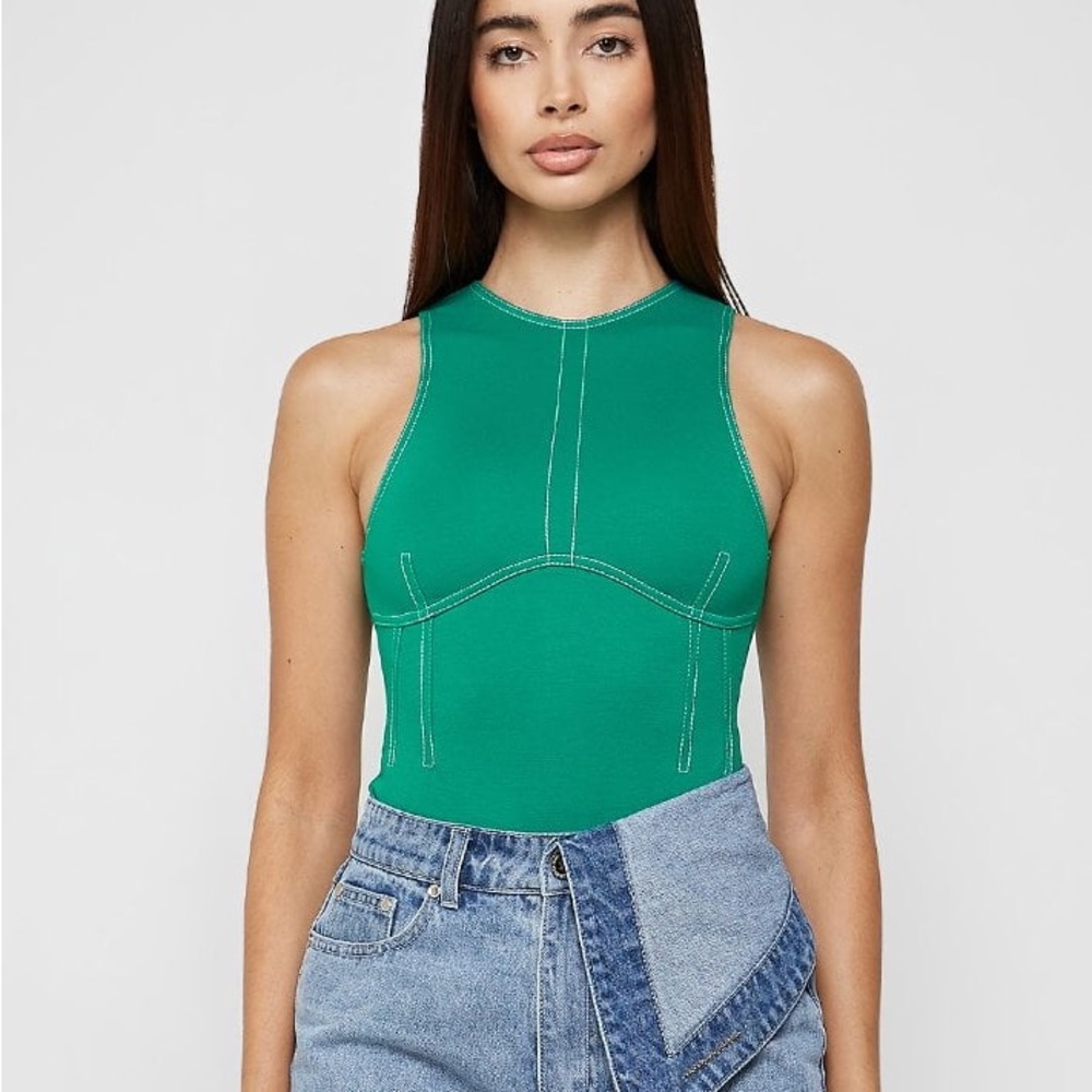 NWT Maniere De Voir Contrast Stitch Racer Bodysuit - Green Size US 6